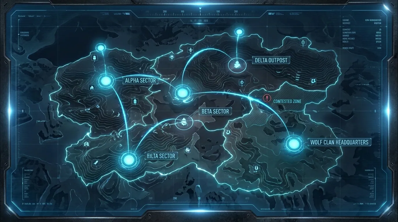 Tactical territory map with contested sectors and outposts